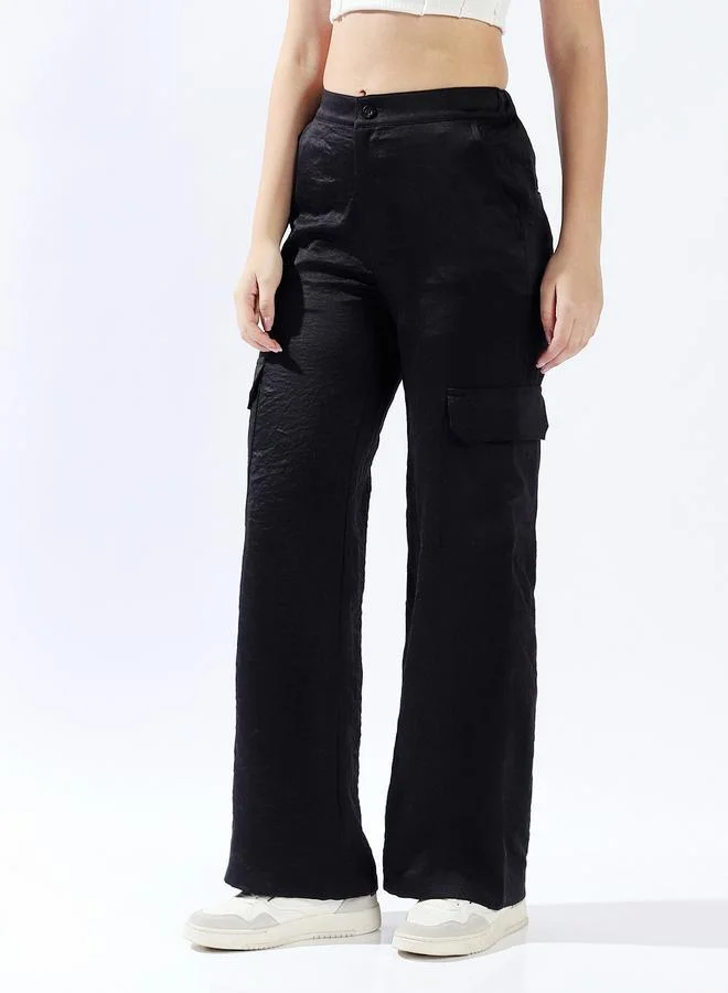 HIGH STAR Women Relaxed Loose Fit High-Rise Cargo Textured Satin Trousers