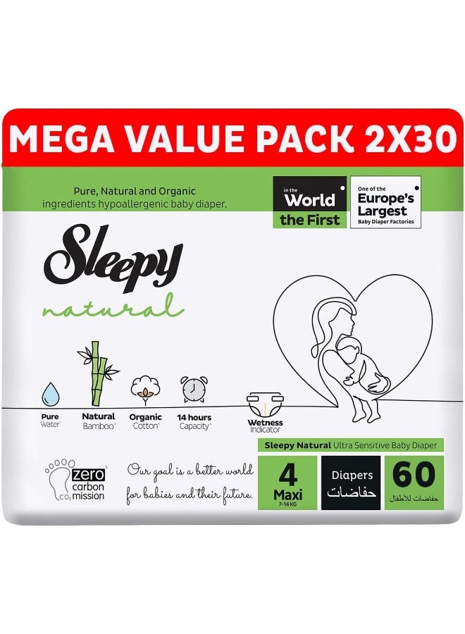 Sleepy Natural Size 4, 7-14Kg Hypoallergenic Baby Dry Diapers, Organic Cotton, Highly Absorbent, Bamboo Extract, Ultimate Comfort And Dryness, 100% Leakage Protection, 2 X 60 Count - Image 1