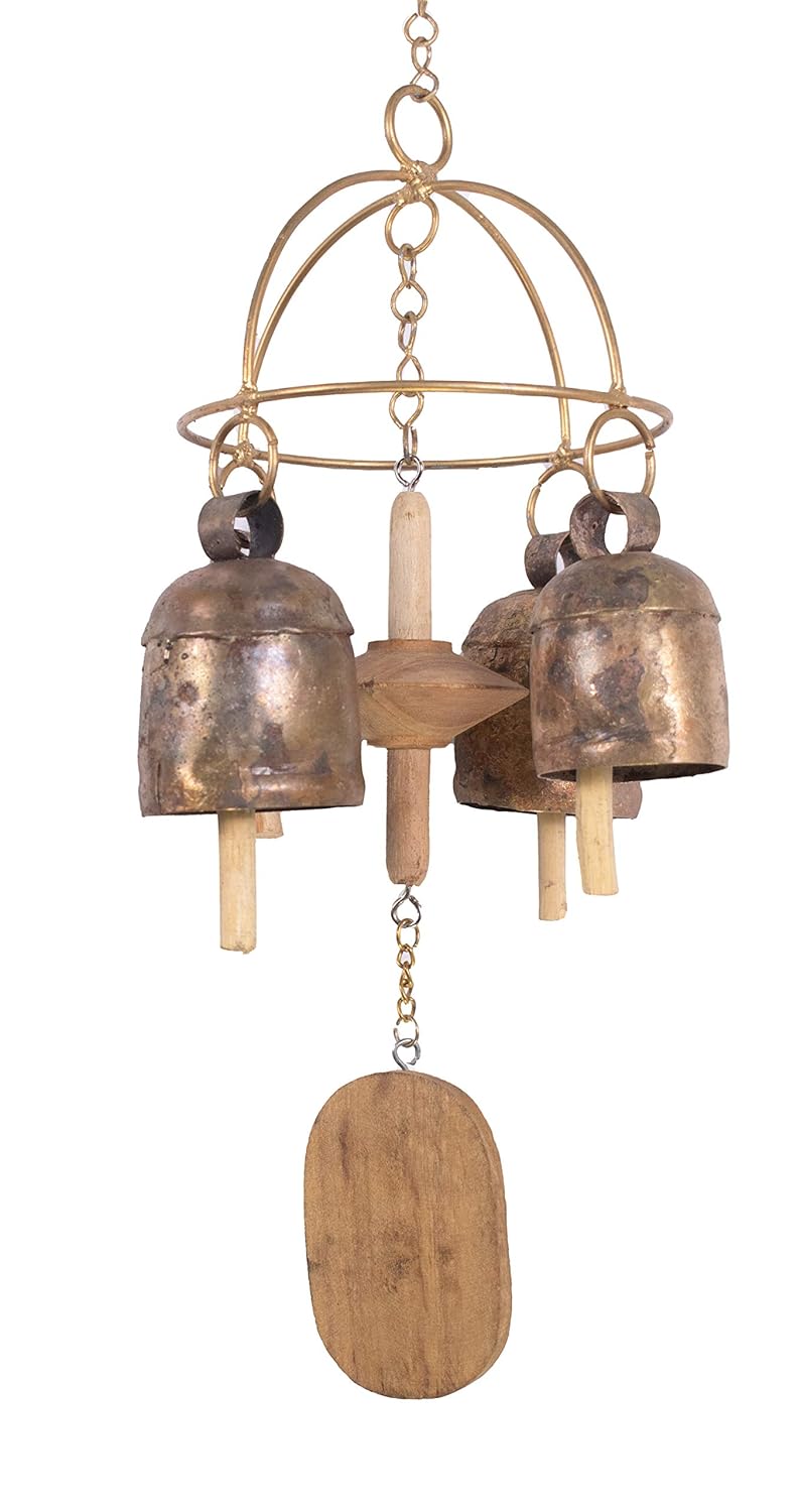 Ethnics of Kutch Ethnics of Kutch Hand Made Metal Bells Wrought Iron CopperZinc Coated Home Dcor Chimes Cow Bell Zummer Metal and Wood 4 Bells 44 cms Length Colour Copper BEL0060 - Image 1