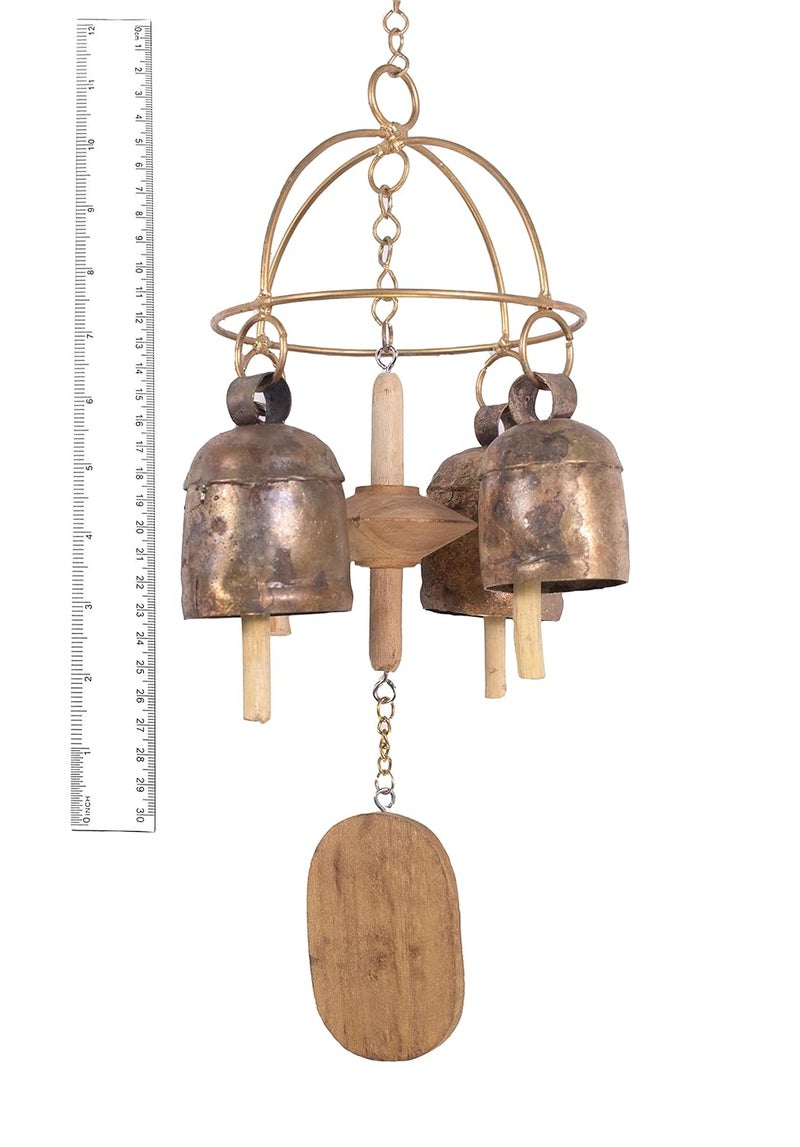 Ethnics of Kutch Ethnics of Kutch Hand Made Metal Bells Wrought Iron CopperZinc Coated Home Dcor Chimes Cow Bell Zummer Metal and Wood 4 Bells 44 cms Length Colour Copper BEL0060 - Image 3