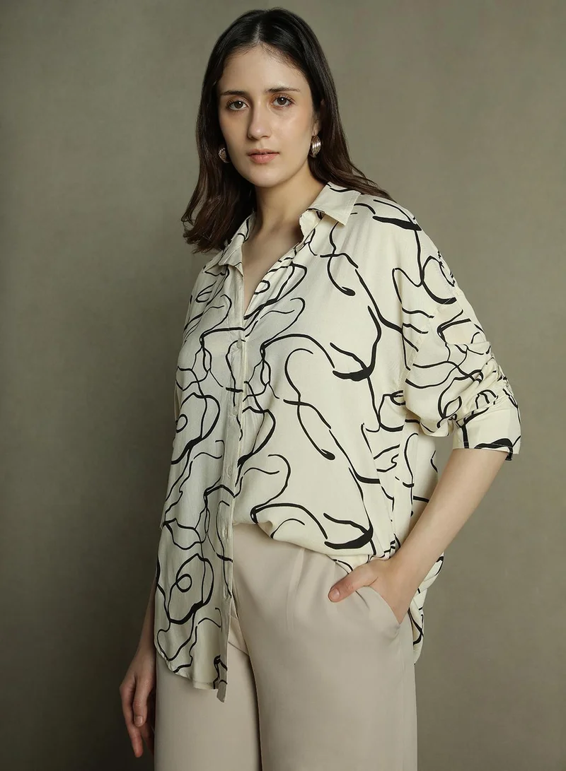 دينيس لينغو Women's White Rayon Printed Oversized Shirt