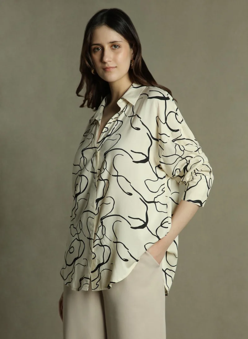 دينيس لينغو Women's White Rayon Printed Oversized Shirt