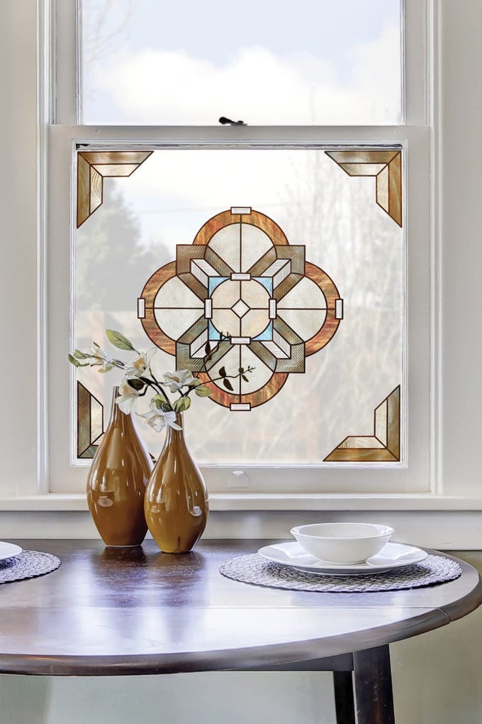NEWPORT AMBER ACCENT DECORATIVE WINDOW FILM WITH STAINED GLASS PATTERN NONADHESIVE UV PROTECTION EASY TO APPLY REMOVABLE 12 X 12 INCHES MADE IN USA