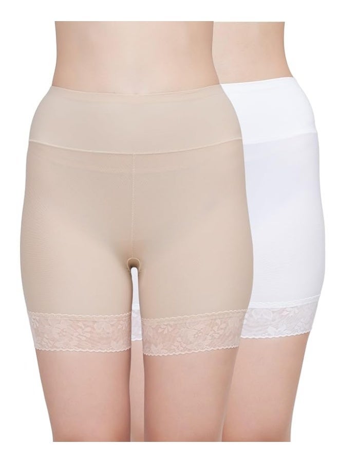 Glamroot Lace Trimmed Seamless Under Dress Cycling/Gym/Yoga Shorts for Women, Beige/White, Size S to L (Pack of 2) - Image 1