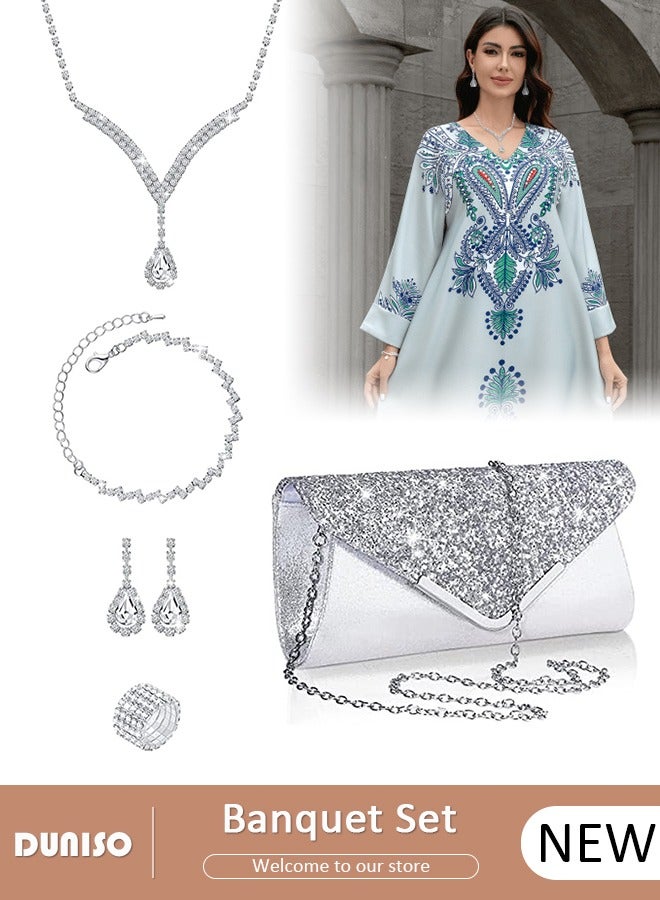 DUNISO 5Pcs Clutch Bag Rhinestone Jewelry Set with Necklace Earrings Bracelets Ring Rhinestone Purse Bag Glitter Evening Bag Wedding Bridal Bridesmaid Costume Jewelry Set for Women and Girls Dress Accessorie  - Image 1