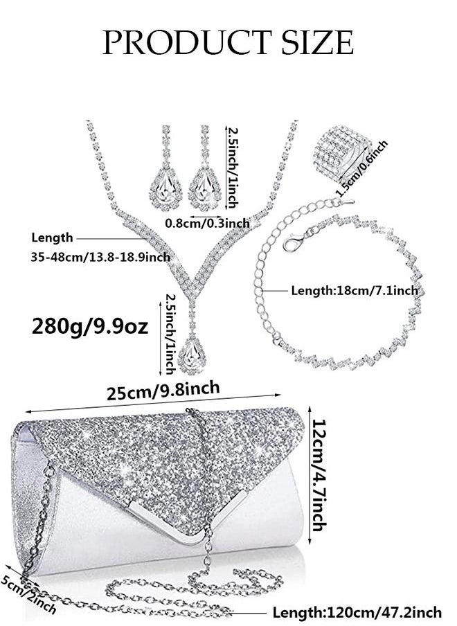 DUNISO - 5Pcs Clutch Bag Rhinestone Jewelry Set with Necklace Earrings Bracelets Ring Rhinestone Purse Bag Glitter Evening Bag Wedding Bridal Bridesmaid Costume Jewelry Set for Women and Girls Dress Accessorie - Image 1