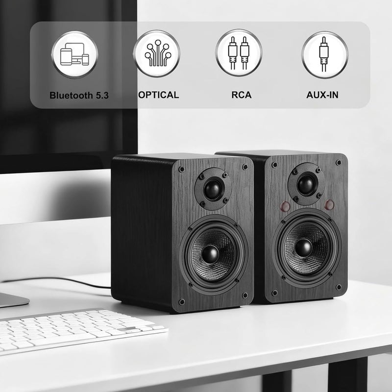 LONPOO Bluetooth Bookshelf Speakers, 60W Powered Speakers with Bluetooth/AUX-in/Optical/RCA, 4" Woofer and 1" Tweeter (Black) - Image 2