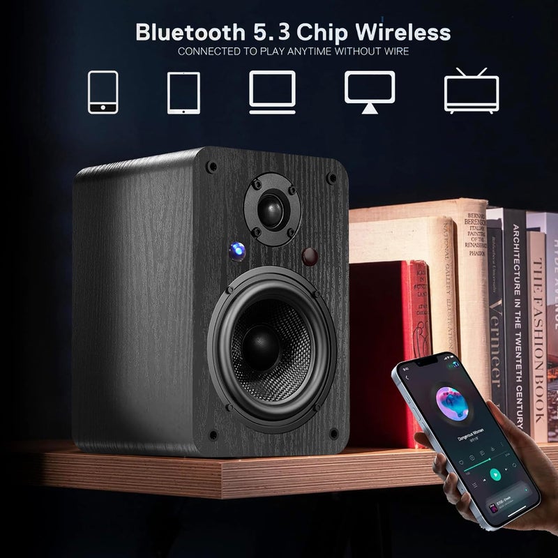 LONPOO Bluetooth Bookshelf Speakers, 60W Powered Speakers with Bluetooth/AUX-in/Optical/RCA, 4" Woofer and 1" Tweeter (Black) - Image 4