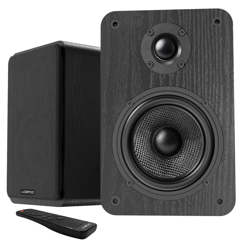 LONPOO Bluetooth Bookshelf Speakers, 60W Powered Speakers with Bluetooth/AUX-in/Optical/RCA, 4" Woofer and 1" Tweeter (Black) - Image 1