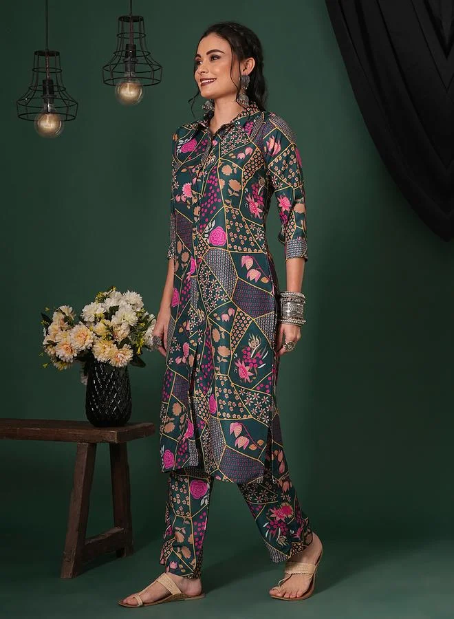 globus Globus Green Abstract Print Shirt Collar Kurta and Pants Fusion Set