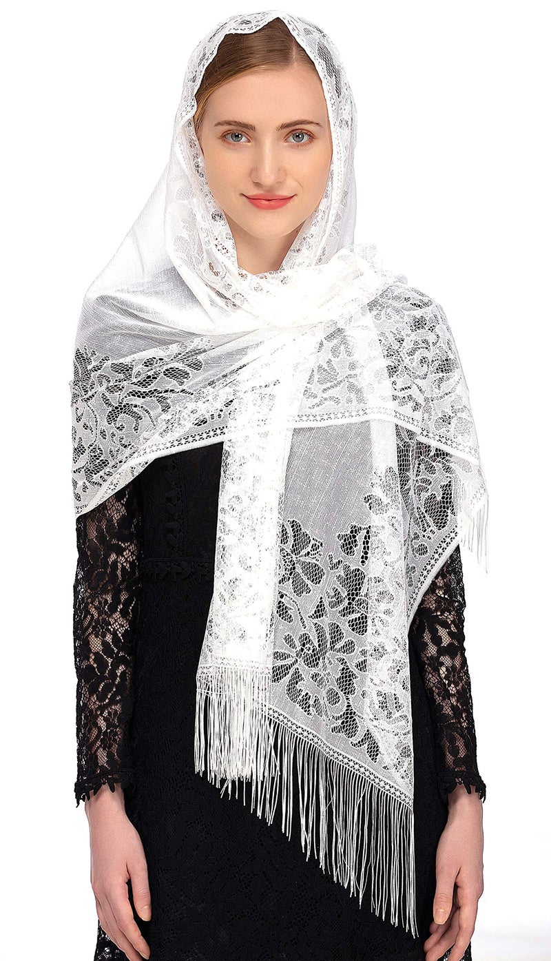 PAMOR Chapel Veil Scarf Mantilla Veils Rectangular Wrap Shawl Mass Head Covering with Fringe Trim (White) - Image 3