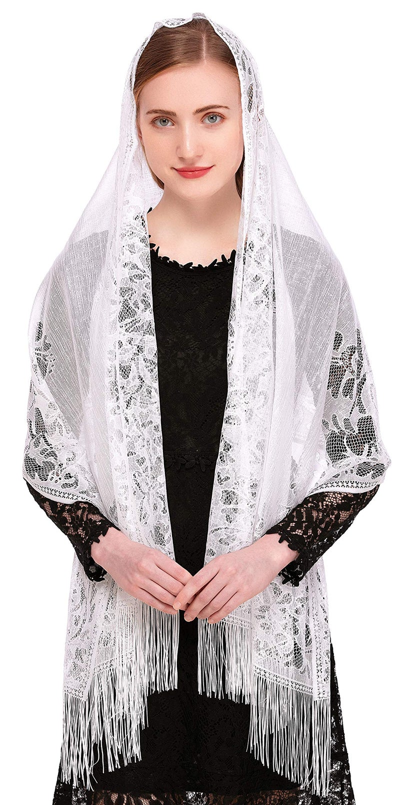 PAMOR Chapel Veil Scarf Mantilla Veils Rectangular Wrap Shawl Mass Head Covering with Fringe Trim (White) - Image 1