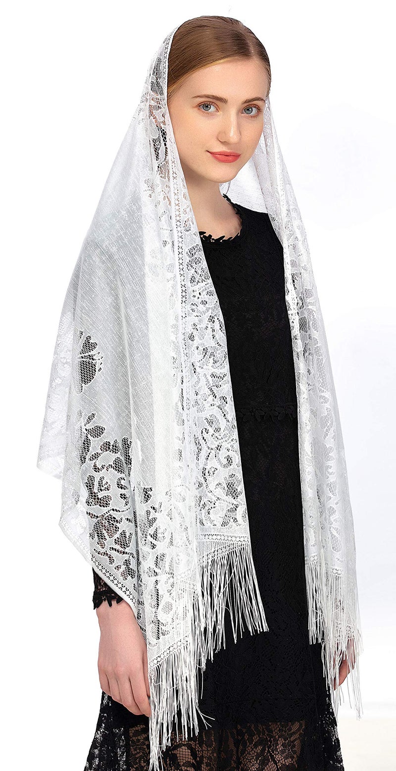 PAMOR Chapel Veil Scarf Mantilla Veils Rectangular Wrap Shawl Mass Head Covering with Fringe Trim (White) - Image 2