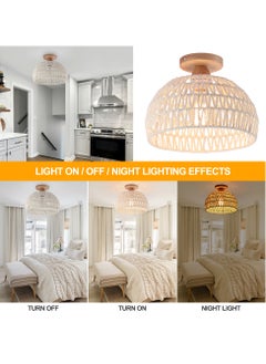 Ganeed Rattan Ceiling Light, Boho Semi Recessed Ceiling Light, Handmade Rattan Lighting Fixtures, E27 Vintage Chandelier Rustic White Ceiling Lamp for Living Room Bedroom Dining Kitchen Hallway  - Image 5
