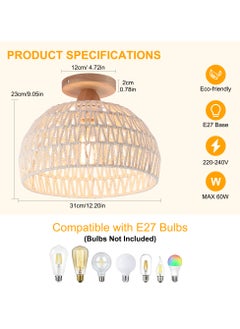 Ganeed Rattan Ceiling Light, Boho Semi Recessed Ceiling Light, Handmade Rattan Lighting Fixtures, E27 Vintage Chandelier Rustic White Ceiling Lamp for Living Room Bedroom Dining Kitchen Hallway  - Image 3