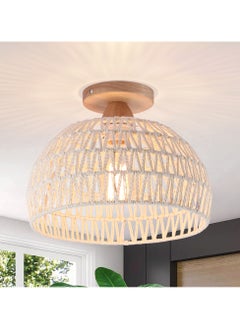 Ganeed Rattan Ceiling Light, Boho Semi Recessed Ceiling Light, Handmade Rattan Lighting Fixtures, E27 Vintage Chandelier Rustic White Ceiling Lamp for Living Room Bedroom Dining Kitchen Hallway  - Image 1