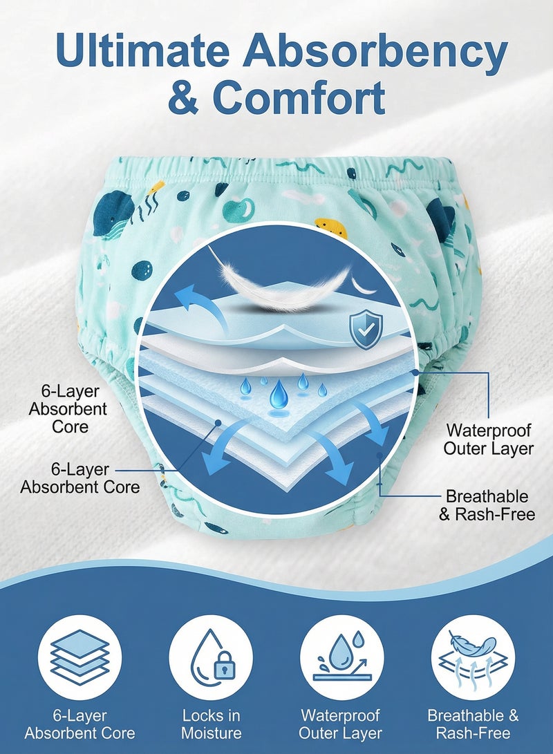 أم أكثر MOMORE سراويل تدريب الحمام للأولاد (4 قطع) - كلوت تعليم الحمام قطن 100%، مانع للتسرب، سروال داخلي 6 طبقات لتعليم الطفل، قابل للغسيل، مقاس L (11-14 كجم) - Image 3