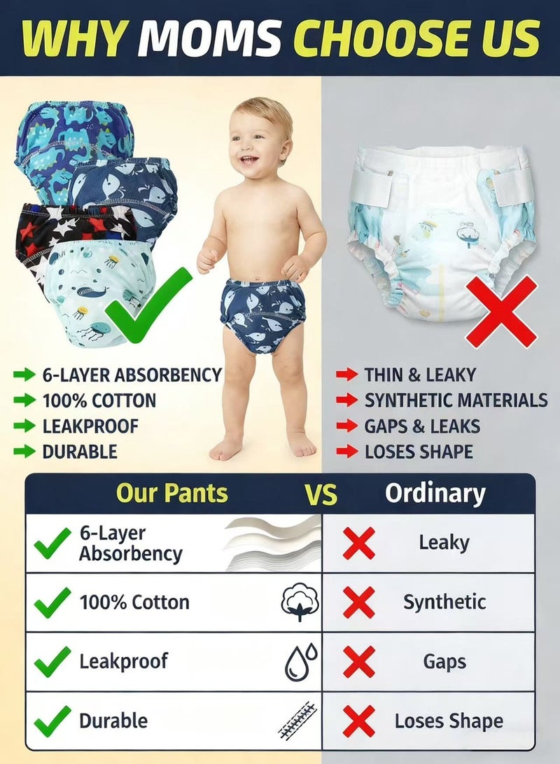 أم أكثر MOMORE سراويل تدريب الحمام للأولاد (4 قطع) - كلوت تعليم الحمام قطن 100%، مانع للتسرب، سروال داخلي 6 طبقات لتعليم الطفل، قابل للغسيل، مقاس L (11-14 كجم) - Image 5