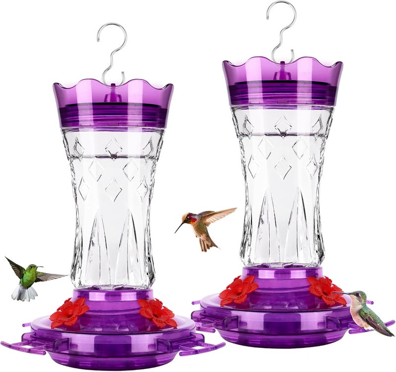 BOLITE Hummingbird Feeders for Outdoors Hanging, BOLITE Glass Hummingbird Feeder, 4 Bee Guard Feeding Ports, Built-in Ant Moat, Leak Proof, 15 Ounces, Stars Decor, Purple, 2 Pack, Gifts for Women Men - Image 1