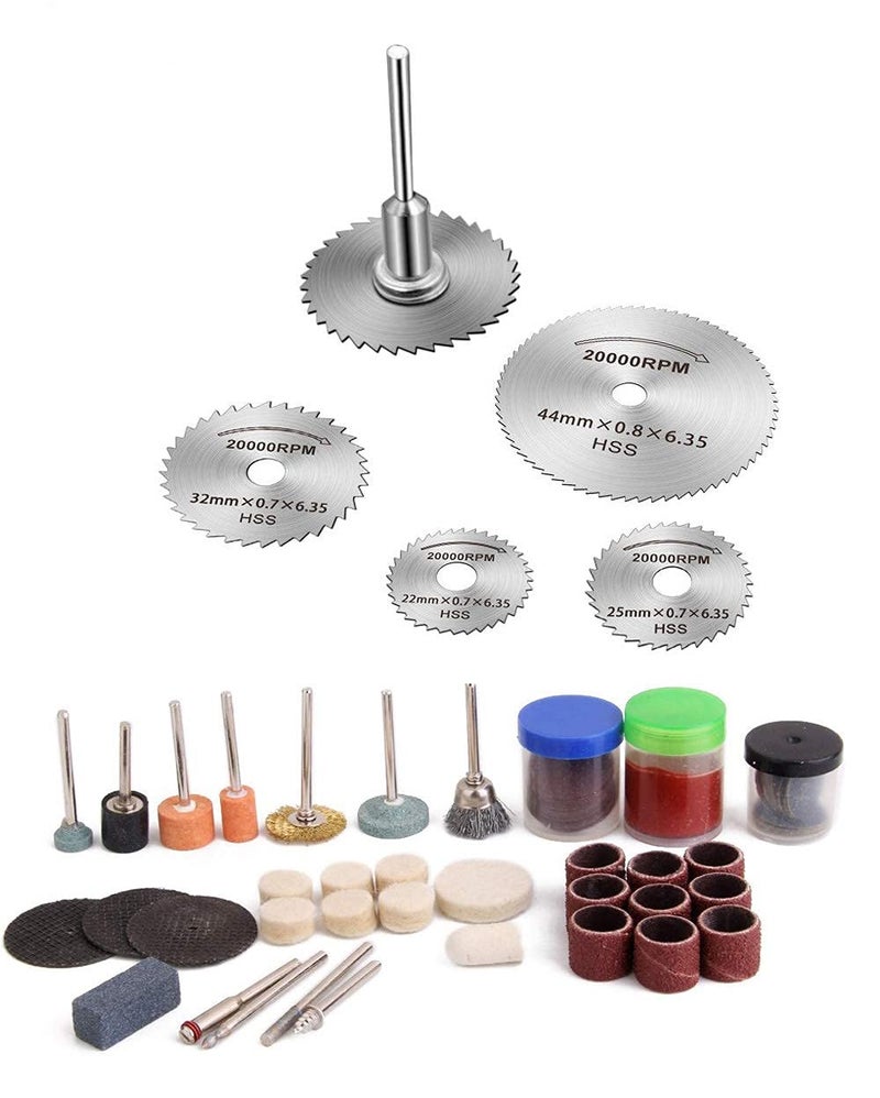 أداة كهربائية ملحقة، قاطع خشب، أقراص قطع معدنية مجموعة 5 قطع من شفرات المنشار الدائري الصغيرة HSS مع أداة دوارة لمجموعة قواطع المعادن - 105 قطعة