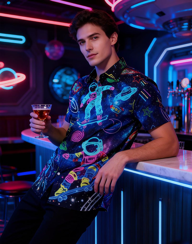 uideazone Space Shirts for Men Glow Party Astronaut Rocket Button Up Shirts Short Sleeve Beach Shirt for Summer L - Image 2
