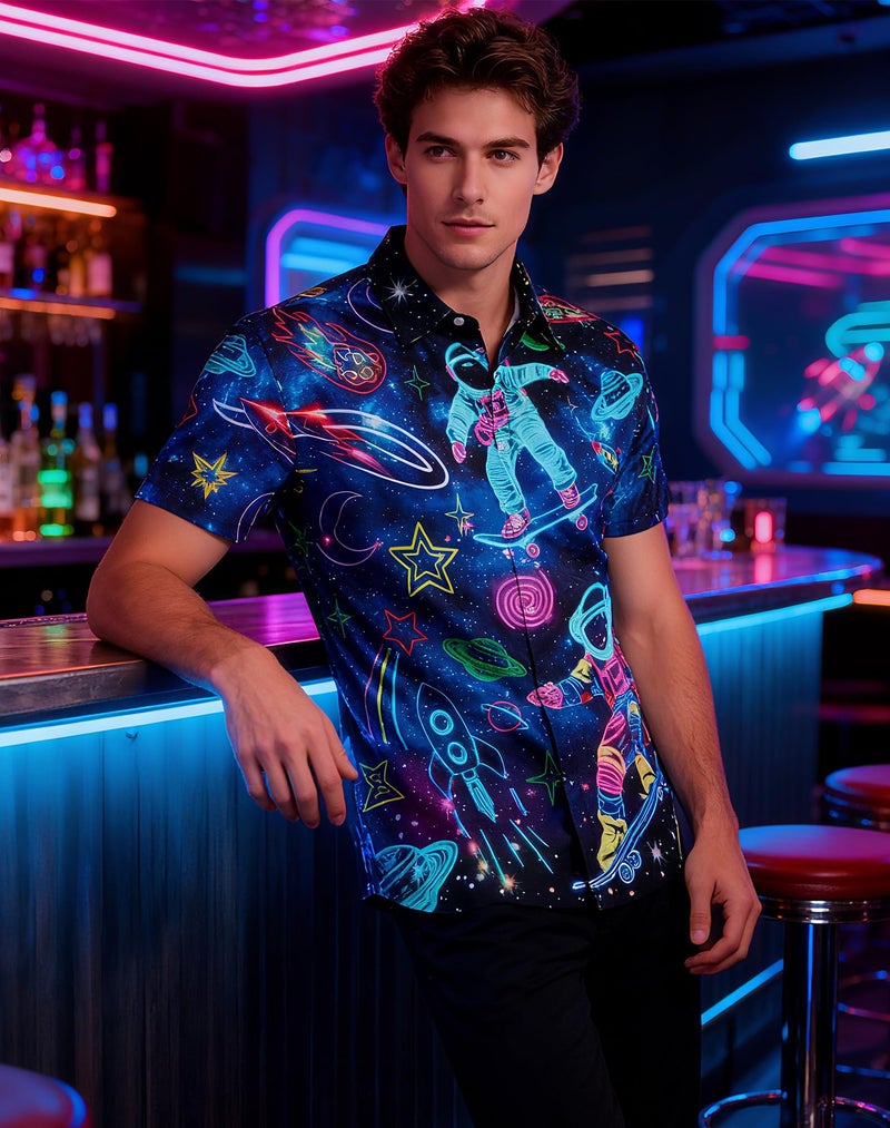 uideazone Space Shirts for Men Glow Party Astronaut Rocket Button Up Shirts Short Sleeve Beach Shirt for Summer L - Image 5