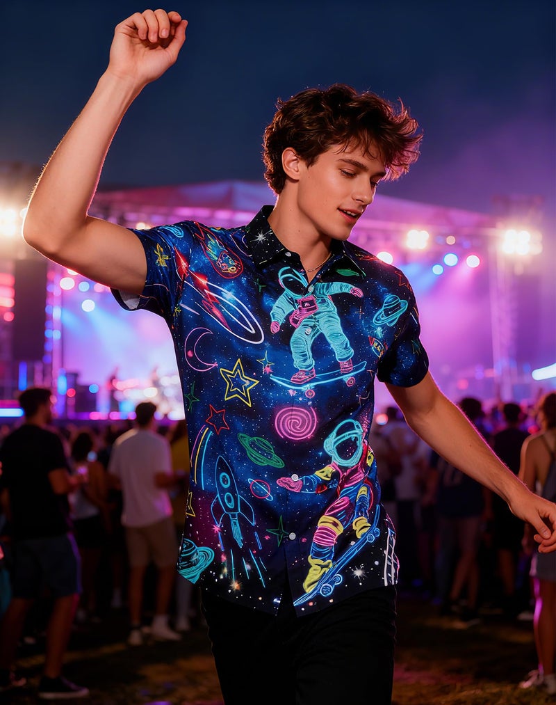uideazone Space Shirts for Men Glow Party Astronaut Rocket Button Up Shirts Short Sleeve Beach Shirt for Summer L - Image 3