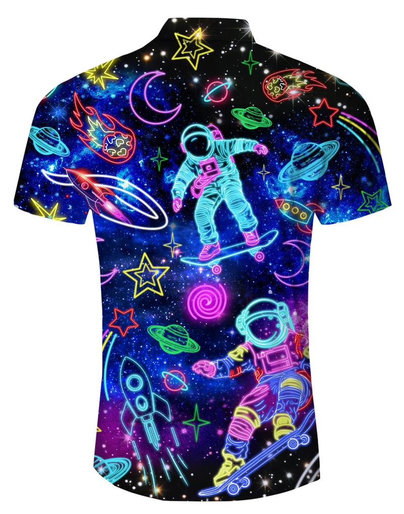 uideazone Space Shirts for Men Glow Party Astronaut Rocket Button Up Shirts Short Sleeve Beach Shirt for Summer L - Image 4