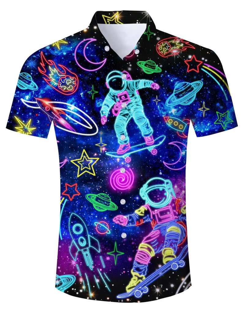 uideazone Space Shirts for Men Glow Party Astronaut Rocket Button Up Shirts Short Sleeve Beach Shirt for Summer L - Image 1