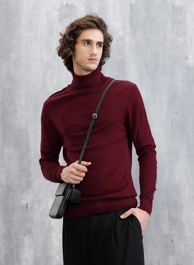 Wrogn Turtle Neck Full Sleeve T-Shirt | Maroon