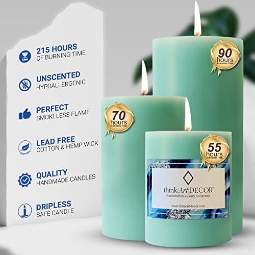 ThinkArtDecor Unscented Pillar Candles Set of 3 | 55, 70, 90 Hrs | 3, 4, 6 inches Smokeless & Dripless Wax Candles for Home Decor | Turquoise - Image 3