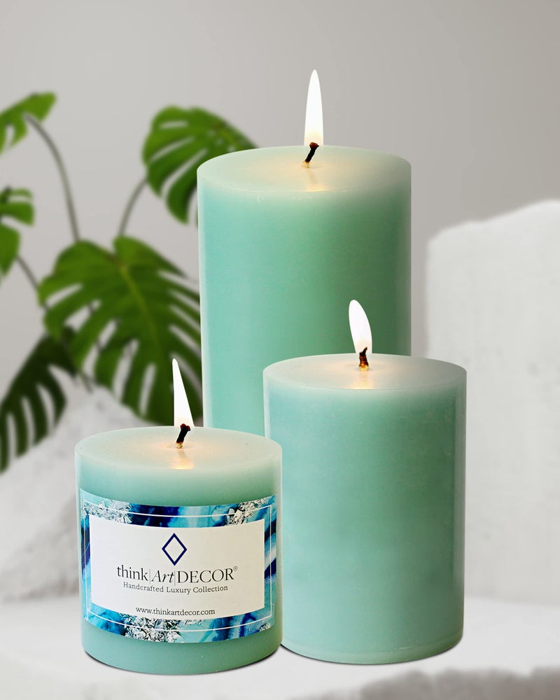 ThinkArtDecor Unscented Pillar Candles Set of 3 | 55, 70, 90 Hrs | 3, 4, 6 inches Smokeless & Dripless Wax Candles for Home Decor | Turquoise - Image 1