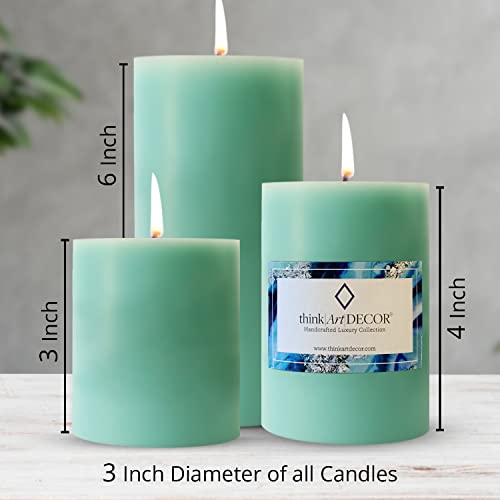 ThinkArtDecor Unscented Pillar Candles Set of 3 | 55, 70, 90 Hrs | 3, 4, 6 inches Smokeless & Dripless Wax Candles for Home Decor | Turquoise - Image 2