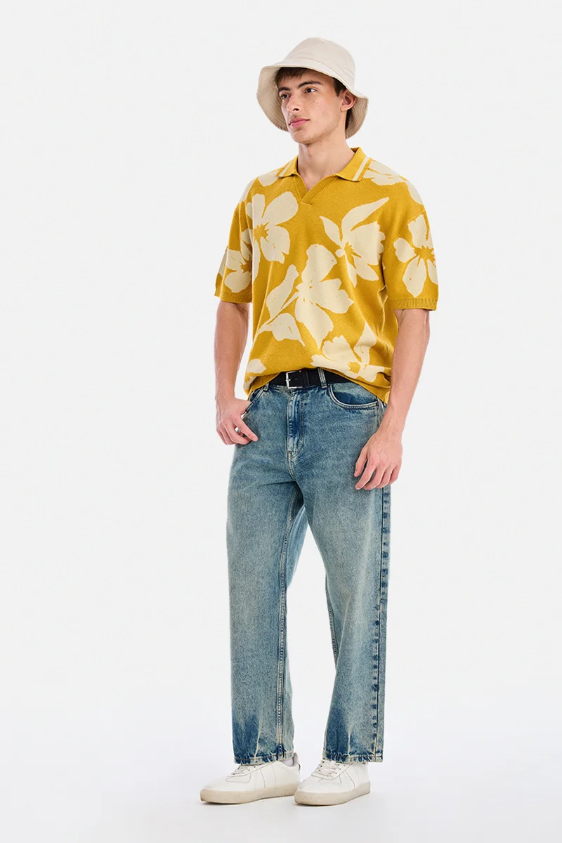 سنيتش Mustard Floral Half Sleeve Oversized Casual T-Shirt