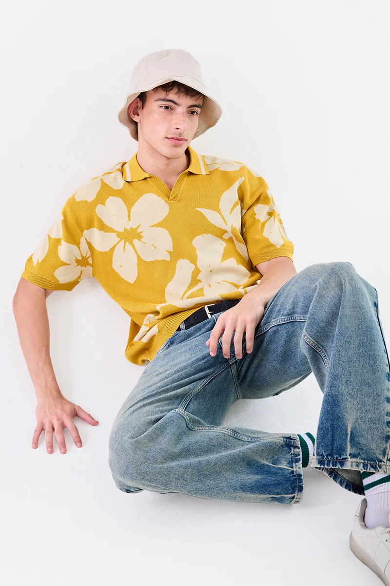 سنيتش Mustard Floral Half Sleeve Oversized Casual T-Shirt