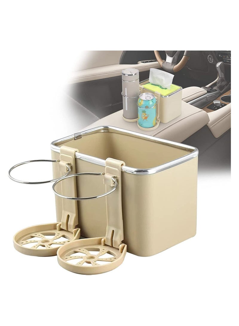 GGEROU Car Armrest Storage Box with 2 Coffee Cup Water Drink Holder Beige - Image 1
