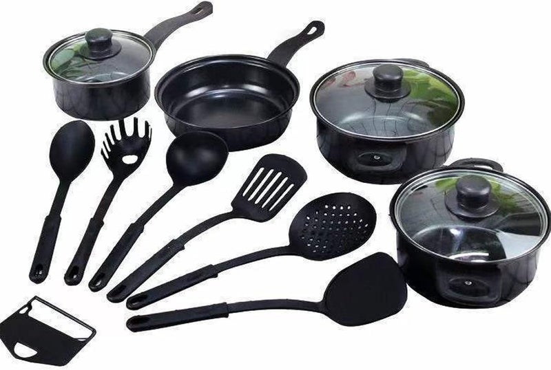 VAOdo 13 Piece Pots and Pans with Utensils, Nonstick Cookware Set, PFOA Free Scratch Resistant Cooking Surface Compatible with All Stoves, Nylon and Aluminum, Black - Image 1