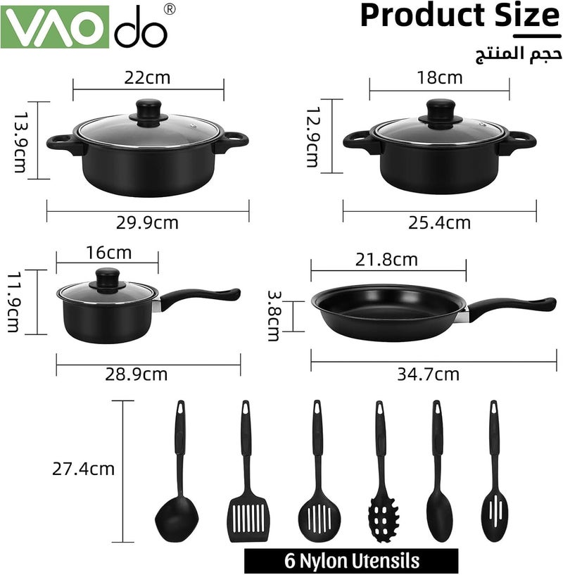 VAOdo 13 Piece Pots and Pans with Utensils, Nonstick Cookware Set, PFOA Free Scratch Resistant Cooking Surface Compatible with All Stoves, Nylon and Aluminum, Black - Image 3