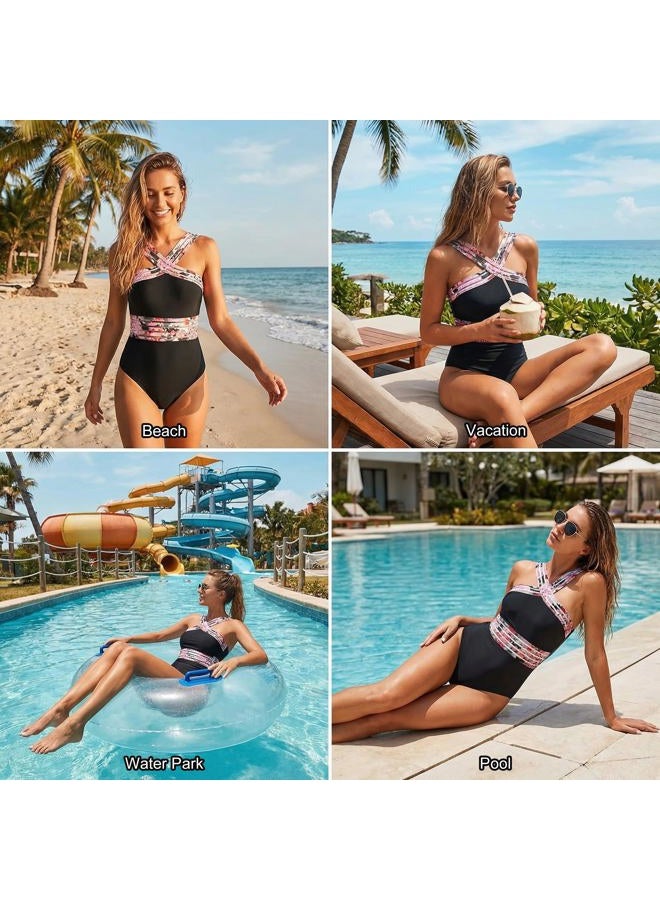 Hilor Women's One Piece Swimsuits Slimming High Waisted Bathing Suits Front Crossover Swimwear Monokinis, Black&pink Floral, 10-12 - Image 2