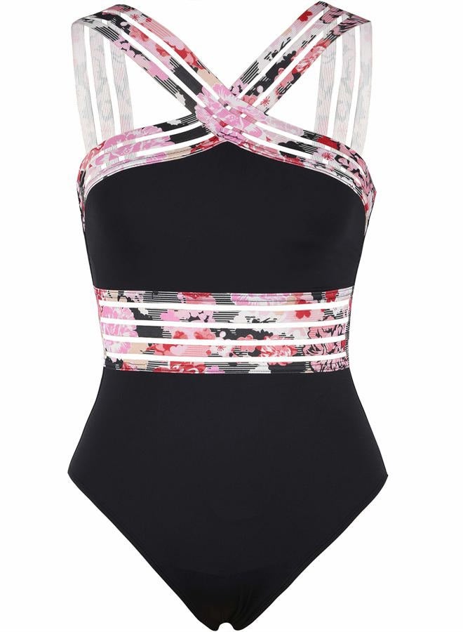 Hilor Women's One Piece Swimsuits Slimming High Waisted Bathing Suits Front Crossover Swimwear Monokinis, Black&pink Floral, 10-12 - Image 1