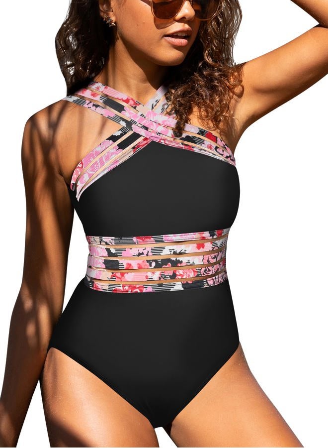 Hilor Women's One Piece Swimsuits Slimming High Waisted Bathing Suits Front Crossover Swimwear Monokinis, Black&pink Floral, 10-12 - Image 3