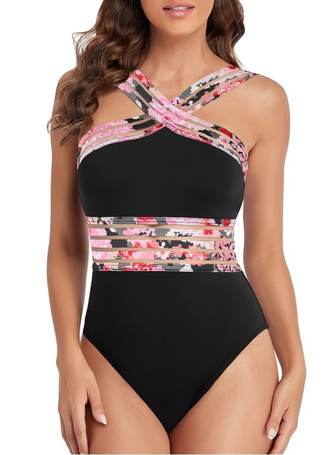 Hilor Women's One Piece Swimsuits Slimming High Waisted Bathing Suits Front Crossover Swimwear Monokinis, Black&pink Floral, 10-12 - Image 4