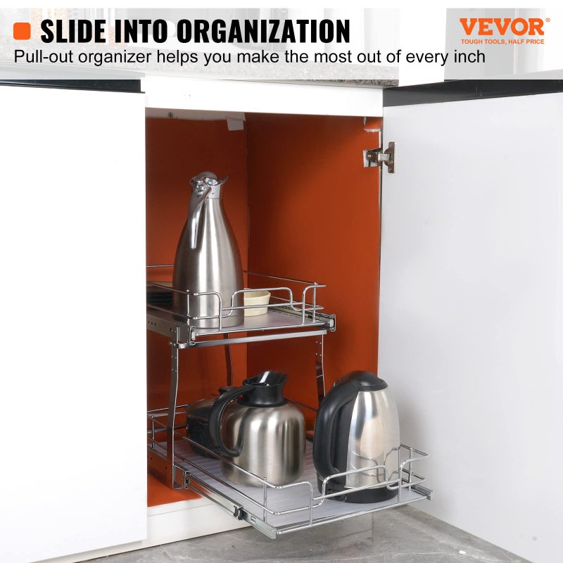 VEVOR Pull Out Cabinet Organizer, 14" Wx21.2 Dx15.2 H Heavy 2 Tier Duty Slide Out Pantry Shelves, Chrome-Plated Steel Roll Out Drawer for Under Sink, 15.5" Wx22.5 Dx19 H Install Size for Cabinet - Image 2