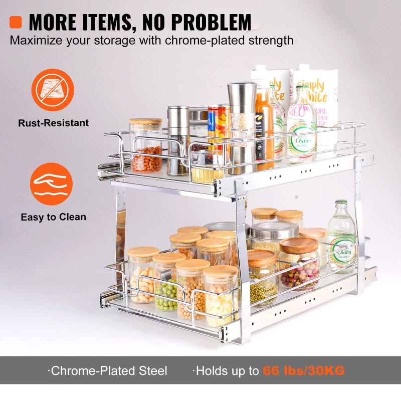 VEVOR Pull Out Cabinet Organizer, 14" Wx21.2 Dx15.2 H Heavy 2 Tier Duty Slide Out Pantry Shelves, Chrome-Plated Steel Roll Out Drawer for Under Sink, 15.5" Wx22.5 Dx19 H Install Size for Cabinet - Image 4