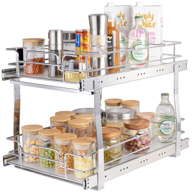 VEVOR Pull Out Cabinet Organizer, 14" Wx21.2 Dx15.2 H Heavy 2 Tier Duty Slide Out Pantry Shelves, Chrome-Plated Steel Roll Out Drawer for Under Sink, 15.5" Wx22.5 Dx19 H Install Size for Cabinet - Image 1