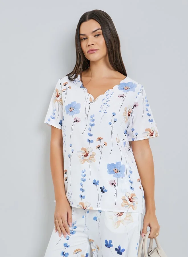 Take Two Women White Floral Print Short Sleeve Top