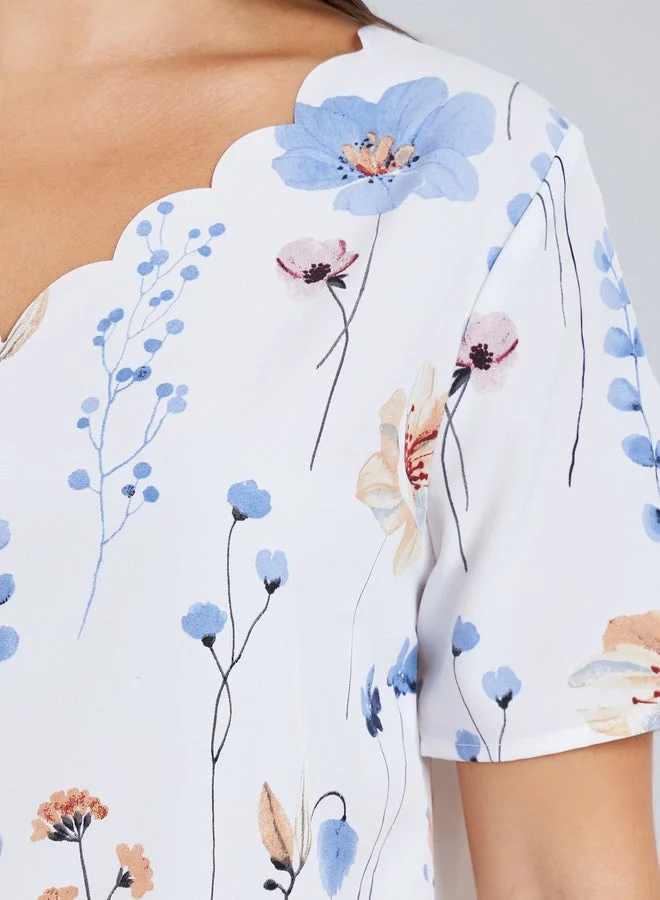 Take Two Women White Floral Print Short Sleeve Top