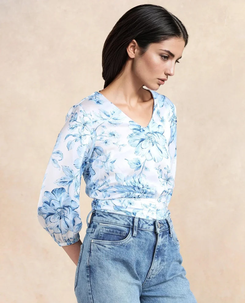 Rareism Women's Floral Printed V-Neck Top