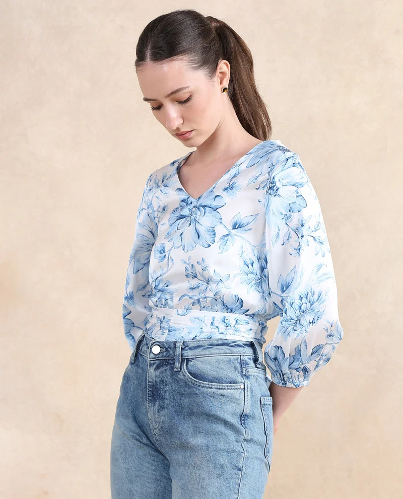 Rareism Women's Floral Printed V-Neck Top