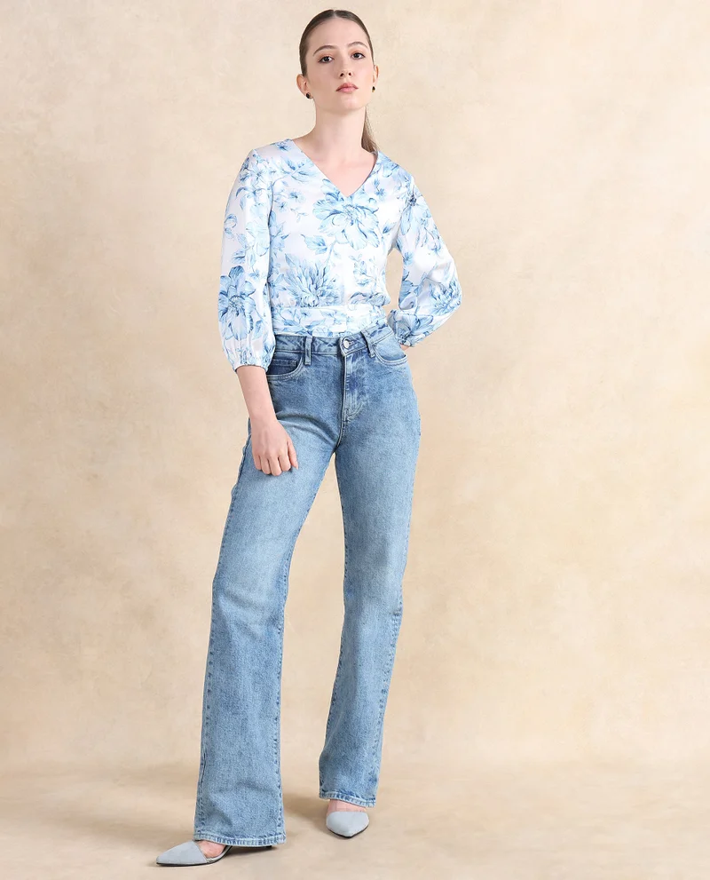 Rareism Women's Floral Printed V-Neck Top